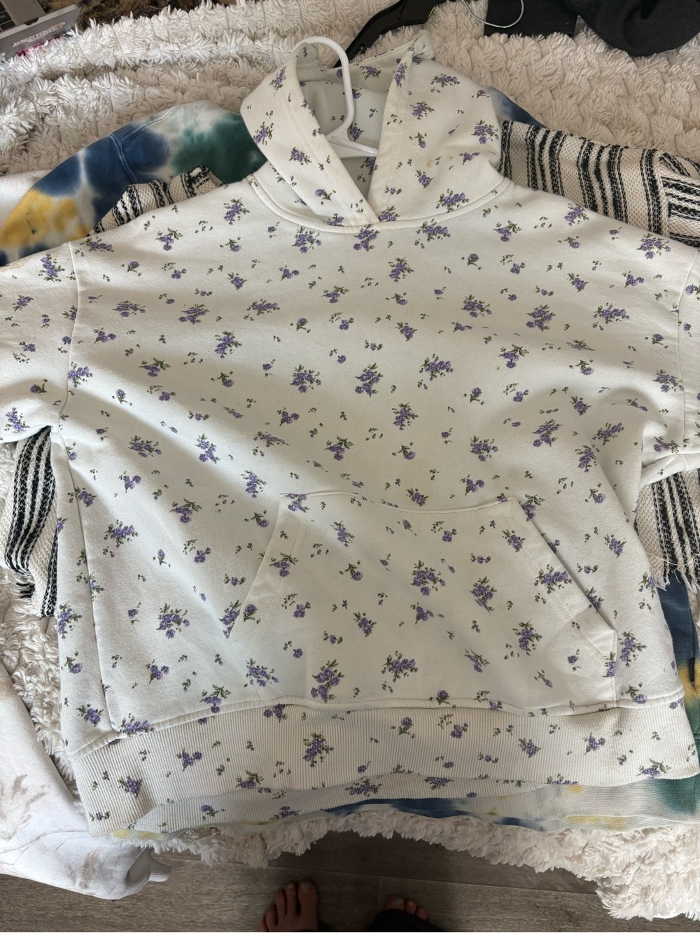Women's Floral Hoodie Sweatshirt and matching pants  - White with Lavender Print